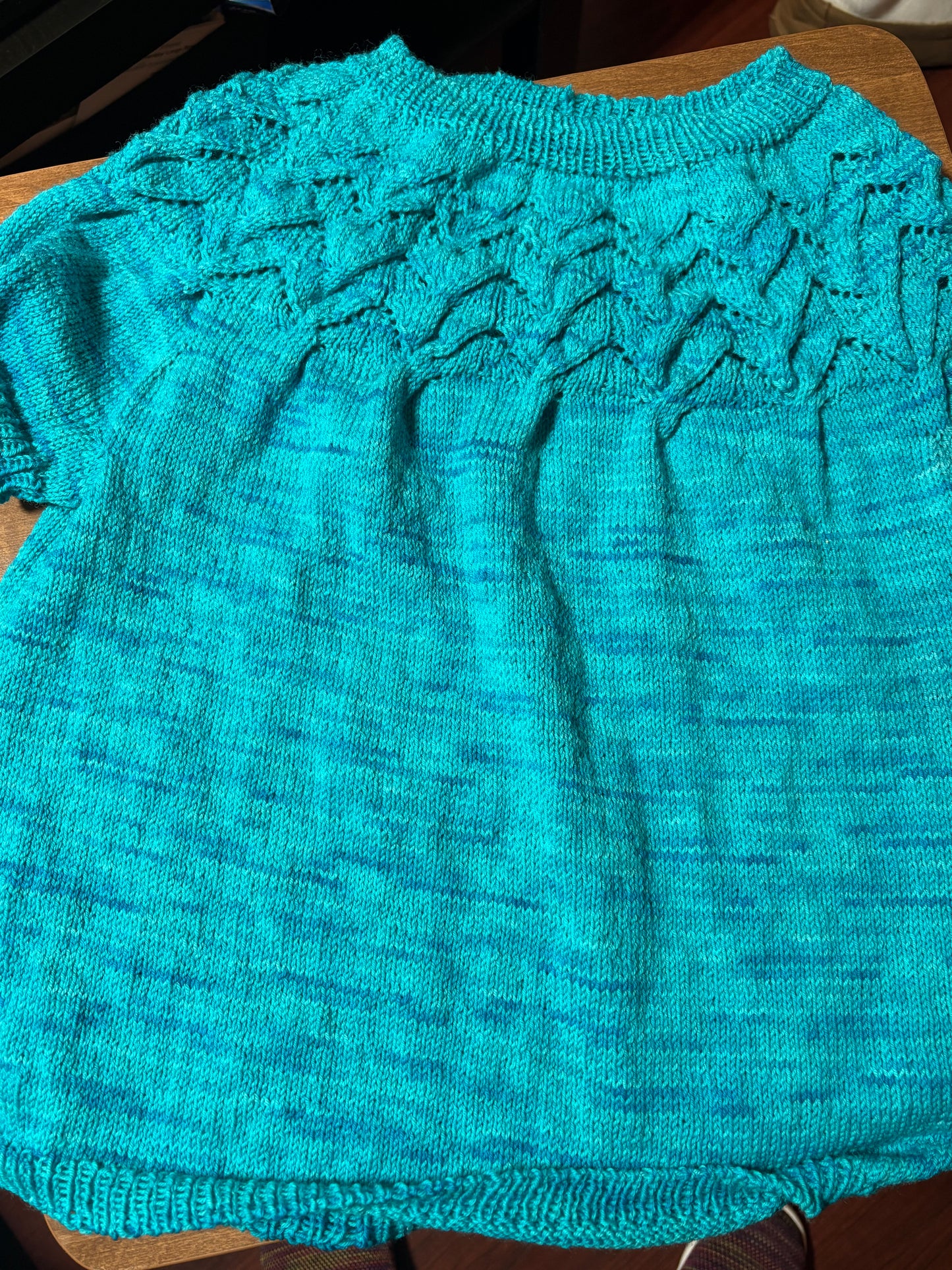 Turquoise knitted sweater knit using Galatial Blue color.