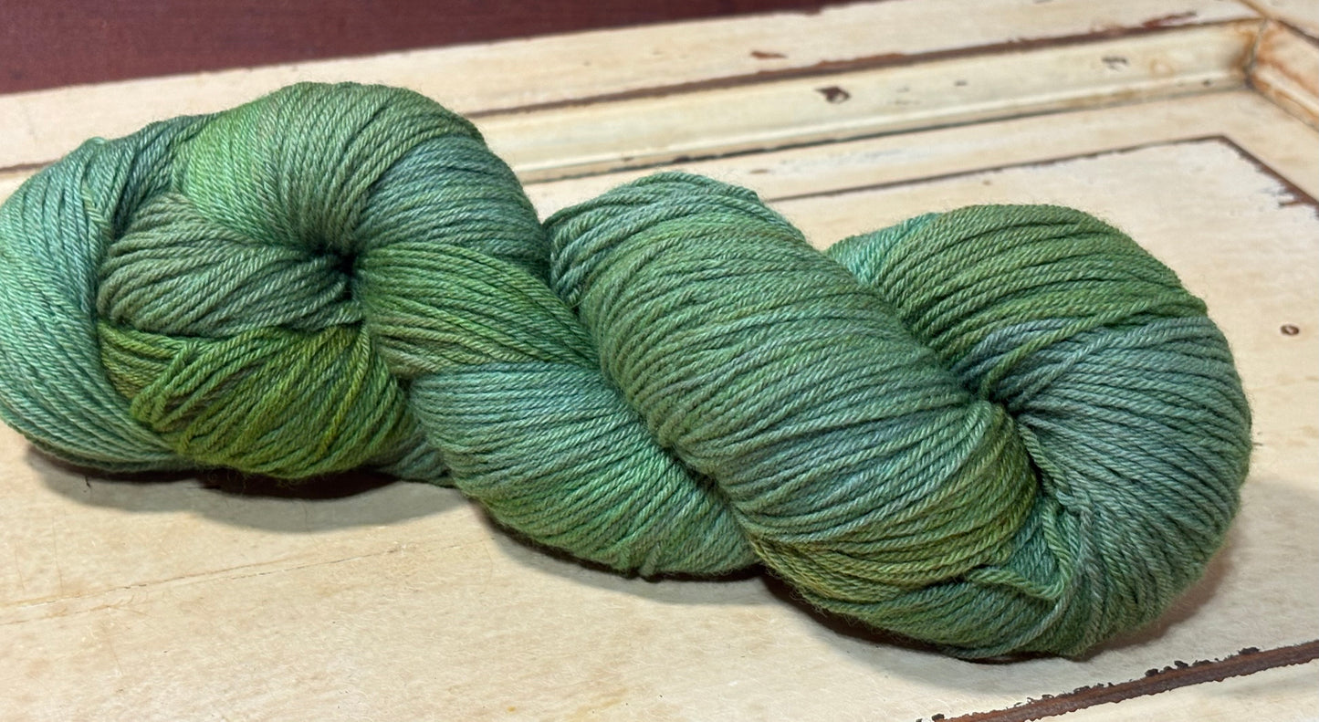 Hand-dyed yarn in Willowmere by The Curious Skein - 80% merino wool/ 20% nylon. Inspired by mossy greens.